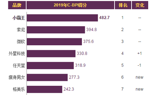 2019年我国体感游戏机品牌力指数排名情况